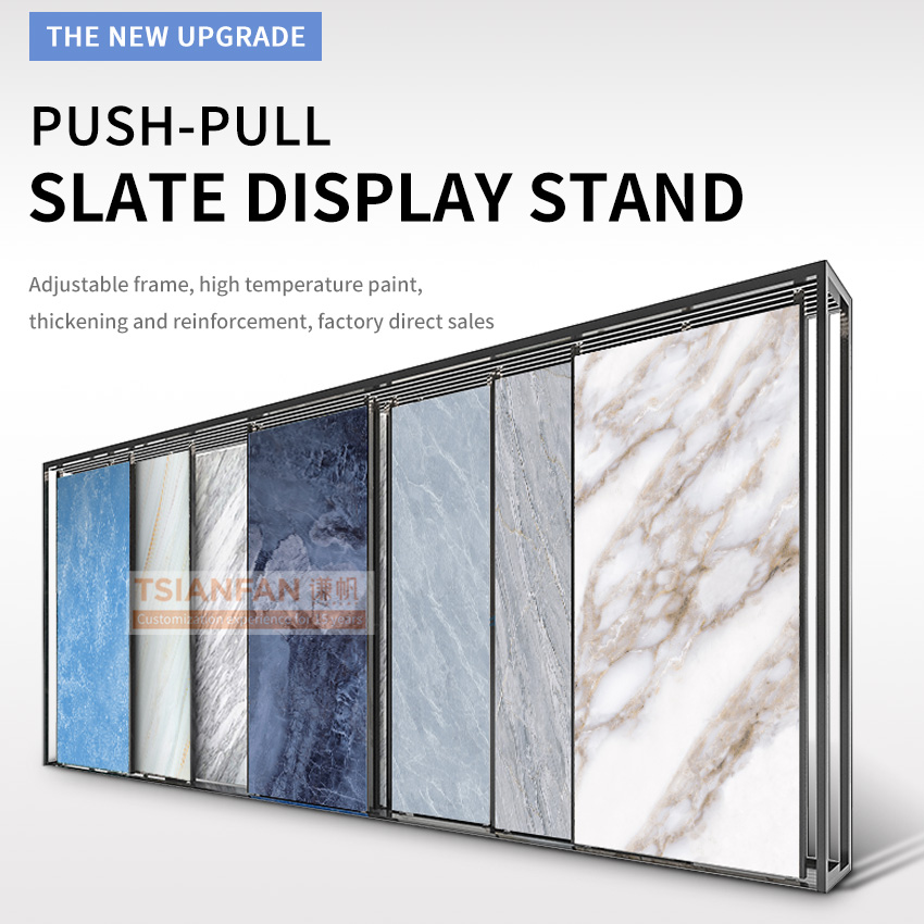 Large tile vertical push pull display rack floor display rack