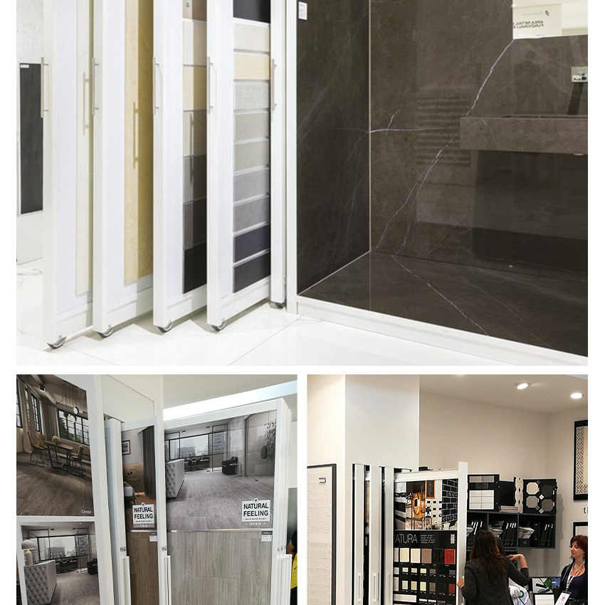 Tile push pull display rack Custom showroom granite slab rotate slider shelf