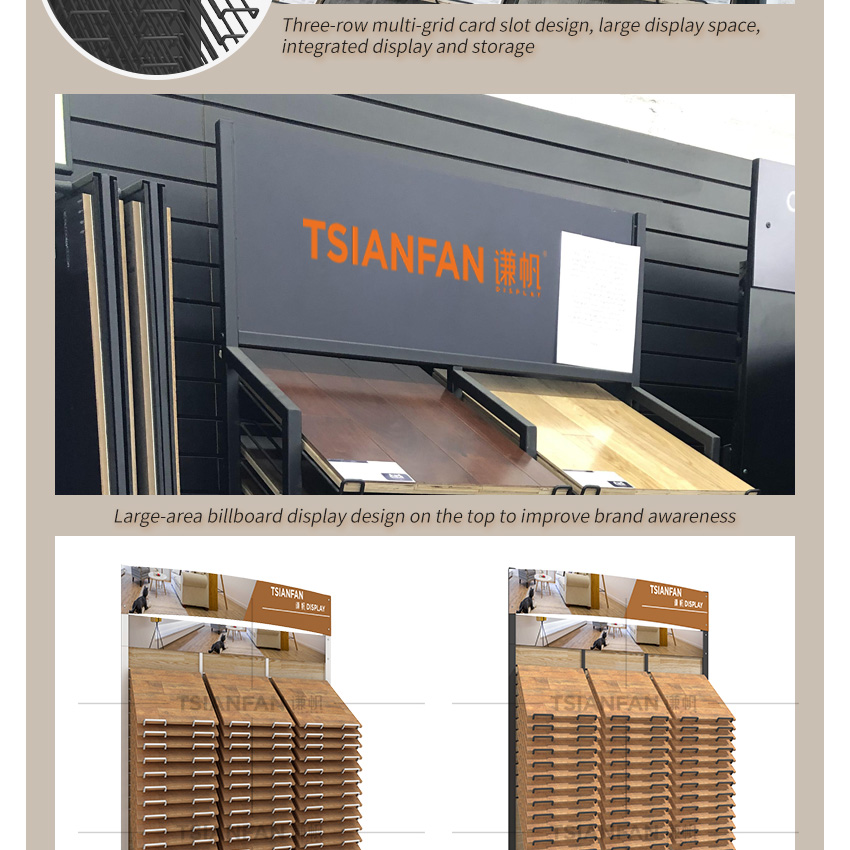 Customize Solid Wood Floor Stand Display For Showroom wood Plank Metal Shelf