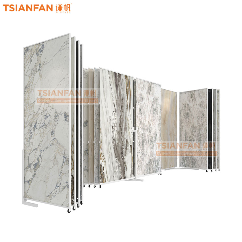 Large tile marble slab page turning sliding display rack metal flooring rack